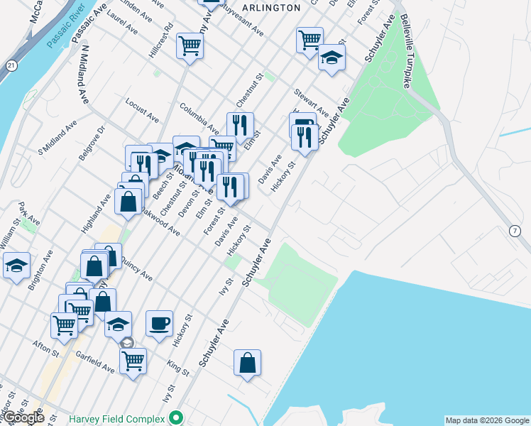 map of restaurants, bars, coffee shops, grocery stores, and more near 445 Hickory Street in Kearny