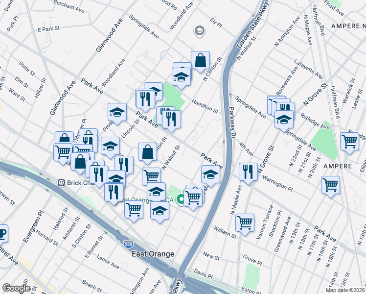 map of restaurants, bars, coffee shops, grocery stores, and more near 204 North Walnut Street in East Orange