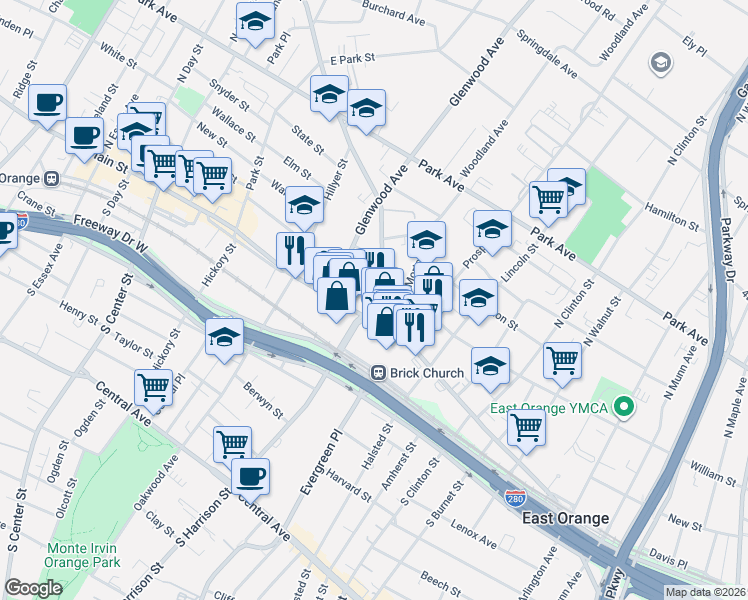 map of restaurants, bars, coffee shops, grocery stores, and more near 621 William Street in East Orange