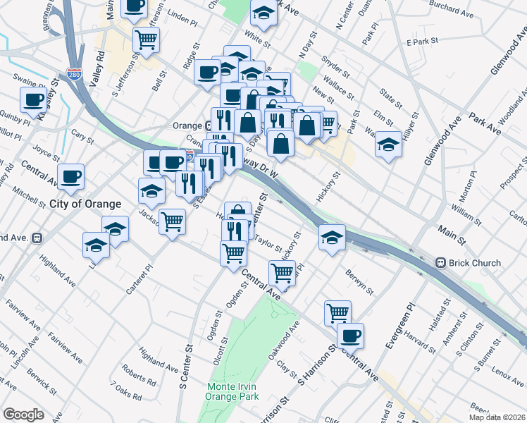 map of restaurants, bars, coffee shops, grocery stores, and more near 135 South Center Street in City of Orange