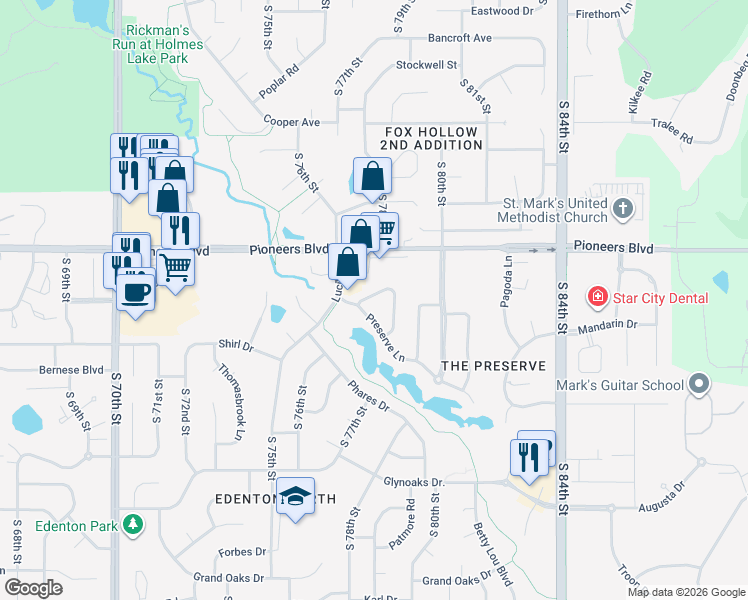 map of restaurants, bars, coffee shops, grocery stores, and more near 7758 Viburnum Drive in Lincoln