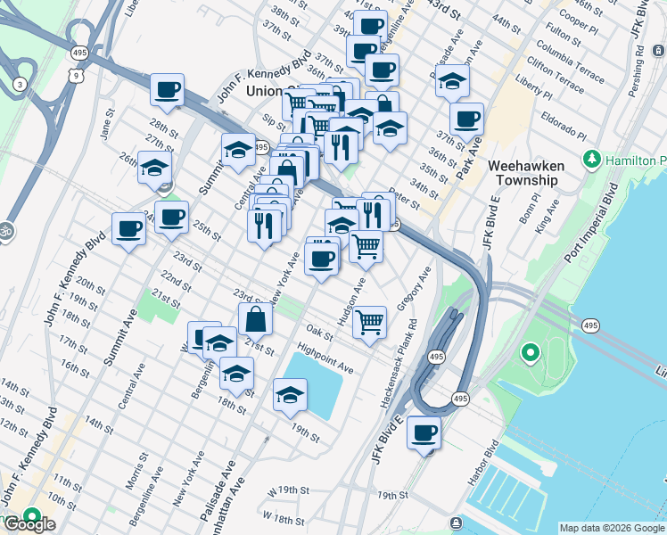 map of restaurants, bars, coffee shops, grocery stores, and more near 2604 Palisade Avenue in Weehawken