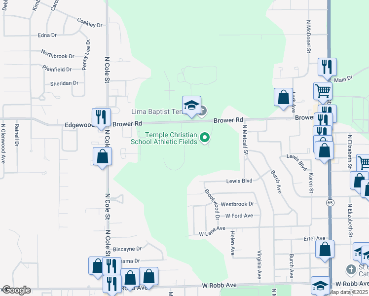 map of restaurants, bars, coffee shops, grocery stores, and more near 2201 Lake Circle Drive in Lima