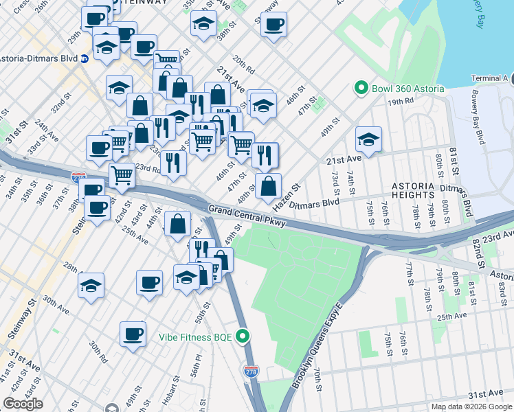 map of restaurants, bars, coffee shops, grocery stores, and more near 22-36 49th Street in Queens