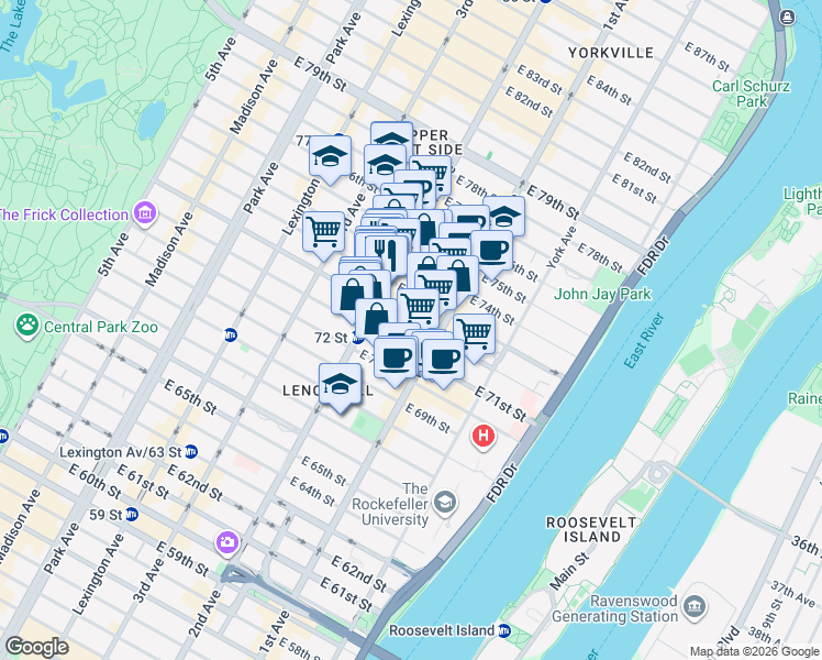 map of restaurants, bars, coffee shops, grocery stores, and more near 360 East 72nd Street in New York