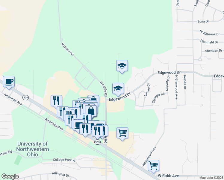 map of restaurants, bars, coffee shops, grocery stores, and more near 2200 North Cable Road in Lima