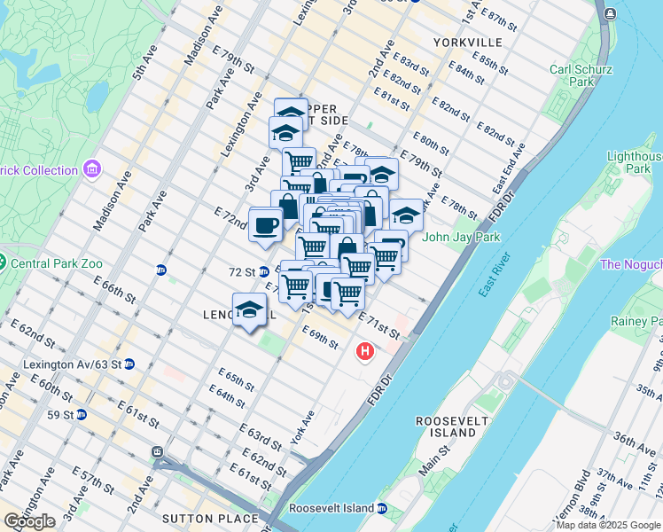 map of restaurants, bars, coffee shops, grocery stores, and more near 1350 1st Avenue in New York