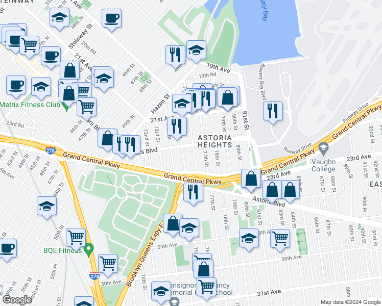 map of restaurants, bars, coffee shops, grocery stores, and more near 22-14 76th Street in Queens