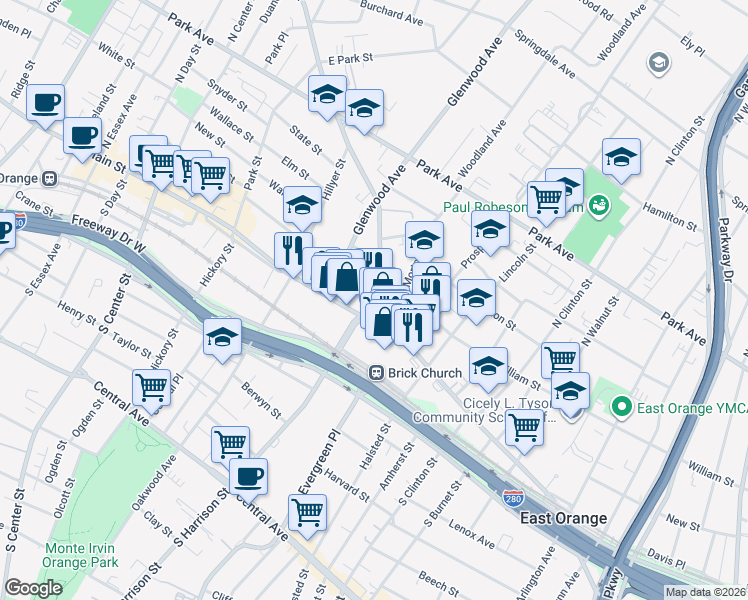 map of restaurants, bars, coffee shops, grocery stores, and more near 21 North Harrison Street in East Orange