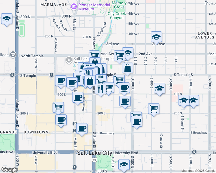 map of restaurants, bars, coffee shops, grocery stores, and more near 156-160 East South Temple Street in Salt Lake City