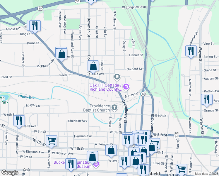 map of restaurants, bars, coffee shops, grocery stores, and more near 375 N Mulberry St in Mansfield