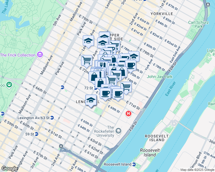 map of restaurants, bars, coffee shops, grocery stores, and more near 1400 2nd Avenue in New York