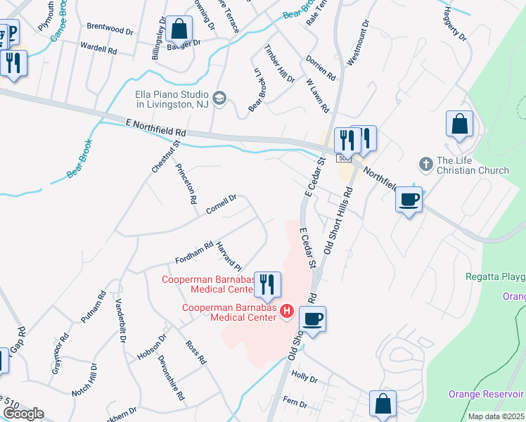 map of restaurants, bars, coffee shops, grocery stores, and more near 47 Cornell Drive in Livingston