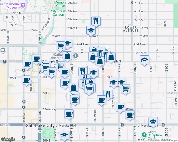 map of restaurants, bars, coffee shops, grocery stores, and more near 49 South 400 East in Salt Lake City