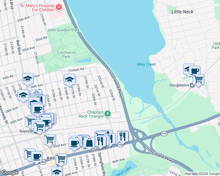 map of restaurants, bars, coffee shops, grocery stores, and more near 37-25 223rd Street in Queens