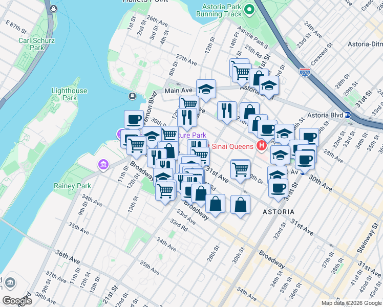 map of restaurants, bars, coffee shops, grocery stores, and more near 14-28 30th Drive in Queens
