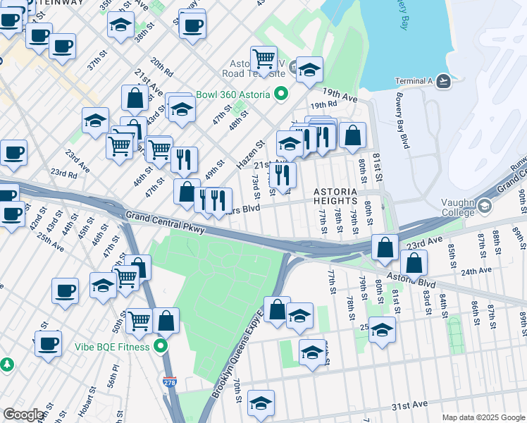 map of restaurants, bars, coffee shops, grocery stores, and more near 73-4 Ditmars Boulevard in Queens
