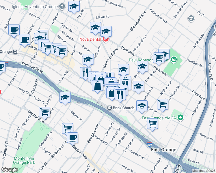 map of restaurants, bars, coffee shops, grocery stores, and more near 621 William Street in East Orange