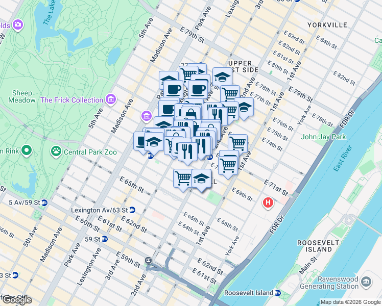 map of restaurants, bars, coffee shops, grocery stores, and more near East 70th Street in New York