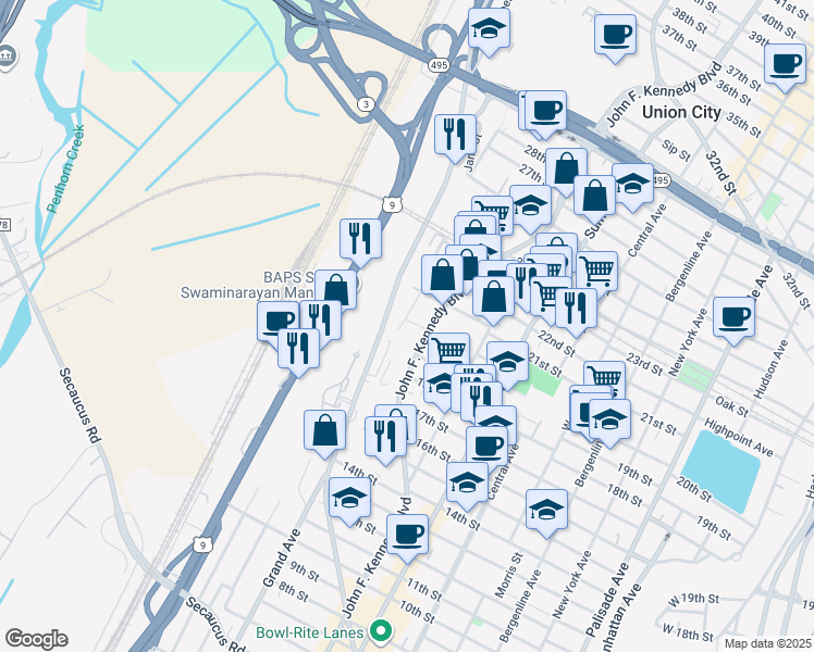 map of restaurants, bars, coffee shops, grocery stores, and more near 2004 Grand Avenue in North Bergen