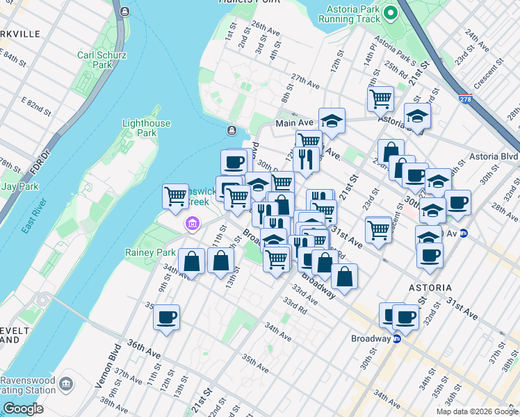 map of restaurants, bars, coffee shops, grocery stores, and more near 12-04 31st Avenue in Queens