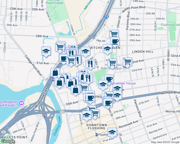 map of restaurants, bars, coffee shops, grocery stores, and more near 31-50 137th Street in Queens