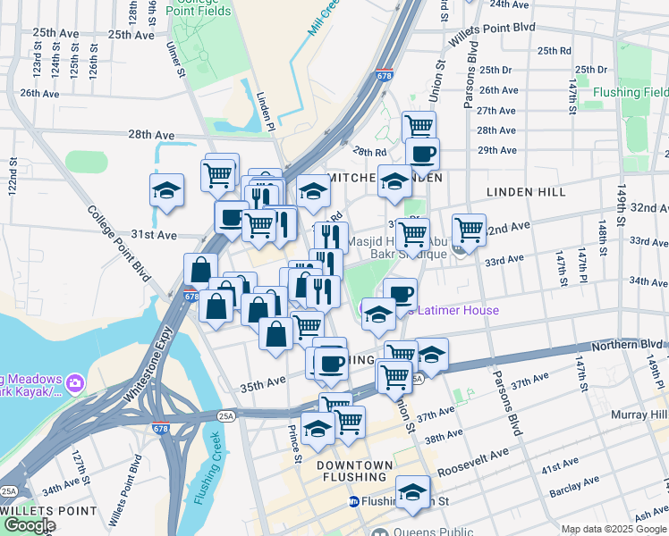 map of restaurants, bars, coffee shops, grocery stores, and more near 31-36 137th Street in Queens