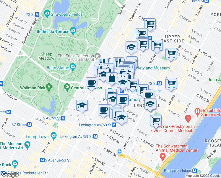 map of restaurants, bars, coffee shops, grocery stores, and more near in New York