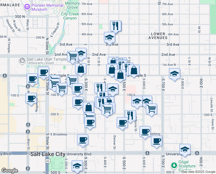 map of restaurants, bars, coffee shops, grocery stores, and more near 420 East South Temple in Salt Lake City