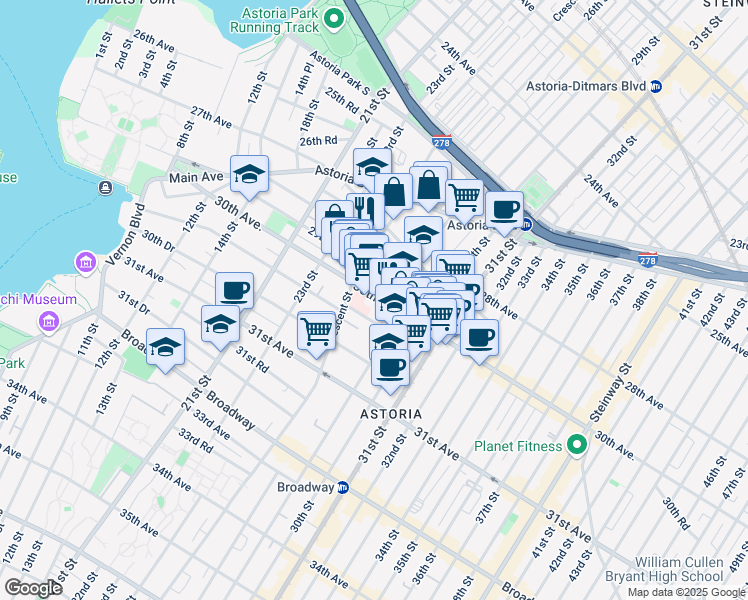 map of restaurants, bars, coffee shops, grocery stores, and more near 25-30 30th Avenue in Queens