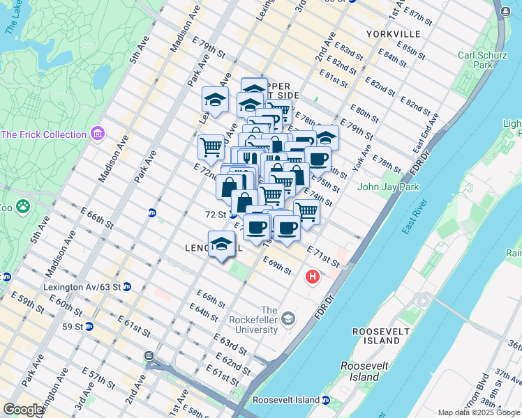 map of restaurants, bars, coffee shops, grocery stores, and more near 1400 2nd Avenue in New York