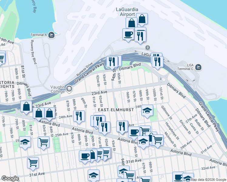 map of restaurants, bars, coffee shops, grocery stores, and more near 22-58 94th Street in Queens