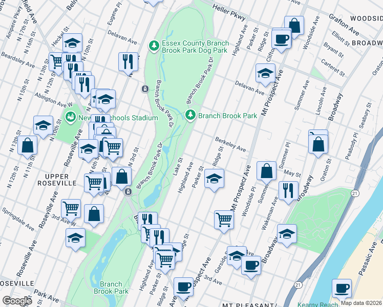 map of restaurants, bars, coffee shops, grocery stores, and more near 509-511 Lake Street in Newark