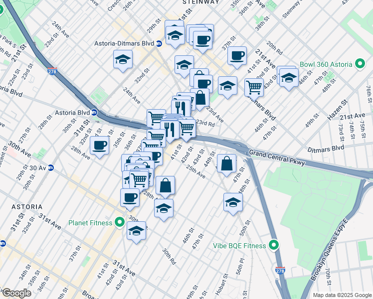 map of restaurants, bars, coffee shops, grocery stores, and more near 24-24 42nd Street in Queens