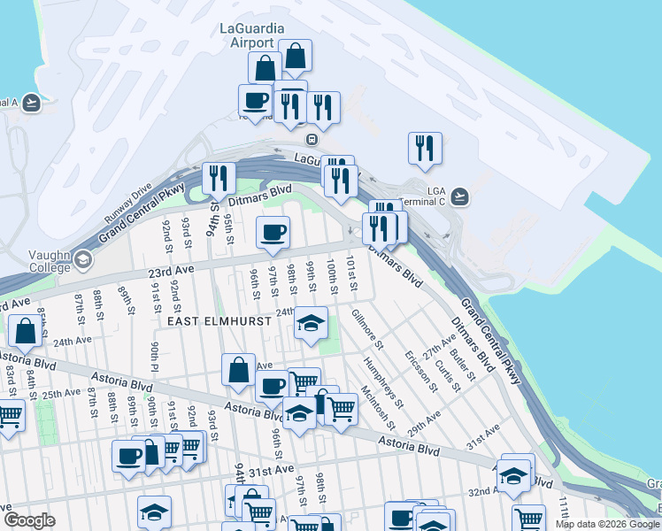 map of restaurants, bars, coffee shops, grocery stores, and more near 99-20 23rd Avenue in Queens