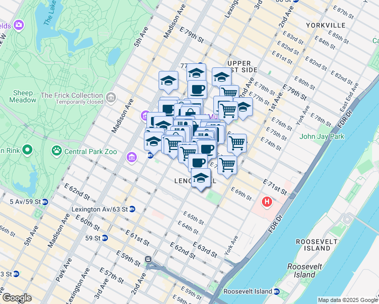 map of restaurants, bars, coffee shops, grocery stores, and more near 221 East 70th Street in New York