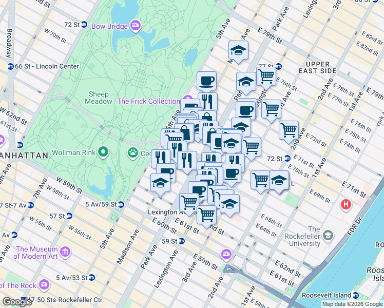 map of restaurants, bars, coffee shops, grocery stores, and more near in New York