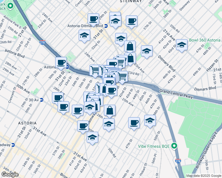 map of restaurants, bars, coffee shops, grocery stores, and more near 24-31 Steinway Street in Queens