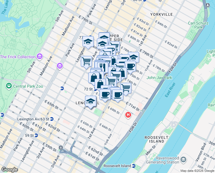 map of restaurants, bars, coffee shops, grocery stores, and more near 340 East 72nd Street in New York