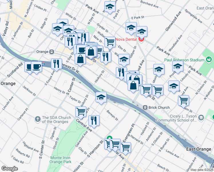 map of restaurants, bars, coffee shops, grocery stores, and more near 27 Prince Street in City of Orange