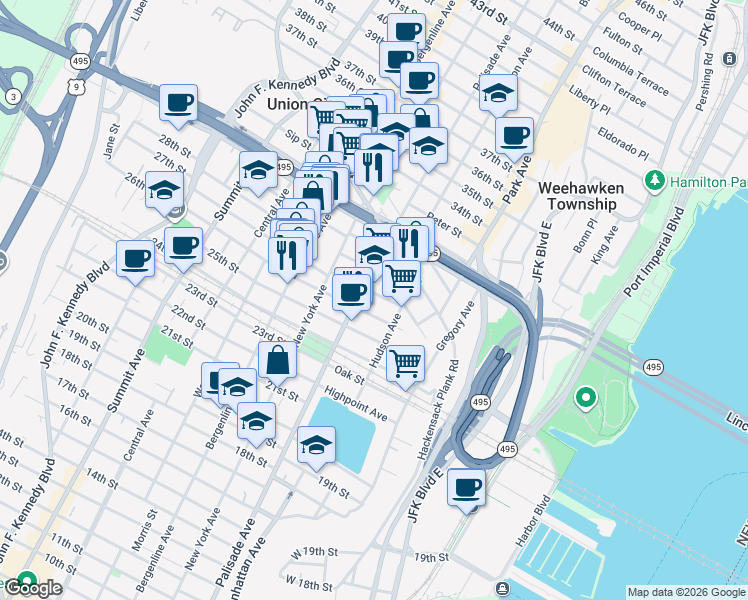 map of restaurants, bars, coffee shops, grocery stores, and more near in Weehawken
