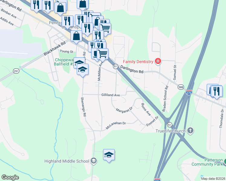 map of restaurants, bars, coffee shops, grocery stores, and more near 134 Knowlson Avenue in Beaver Falls