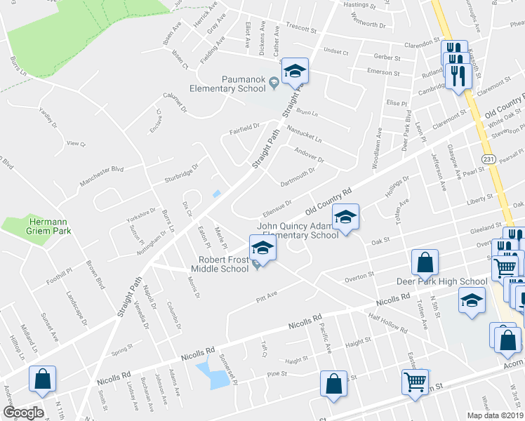 map of restaurants, bars, coffee shops, grocery stores, and more near 77 Ellensue Drive in Deer Park