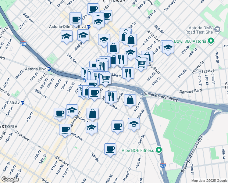map of restaurants, bars, coffee shops, grocery stores, and more near 4302 Astoria Boulevard South in Queens