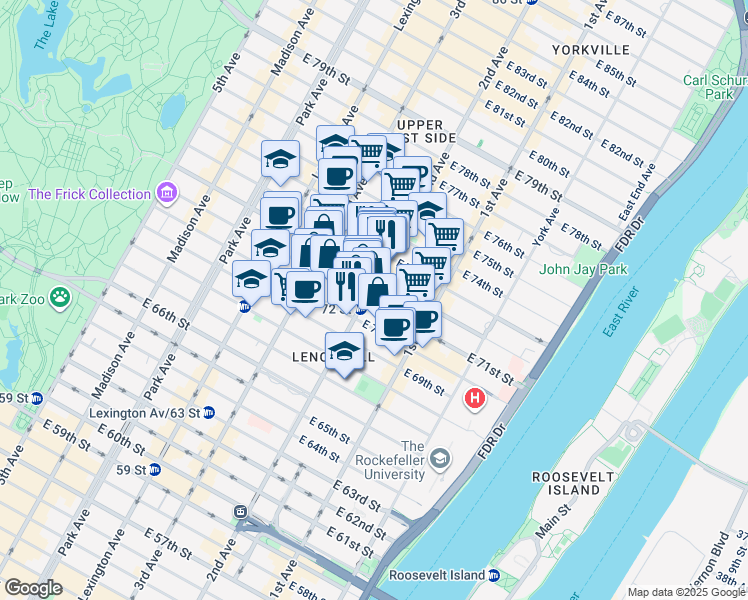 map of restaurants, bars, coffee shops, grocery stores, and more near 1380 2nd Avenue in New York