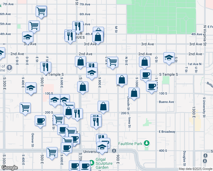 map of restaurants, bars, coffee shops, grocery stores, and more near 777 South Temple in Salt Lake City