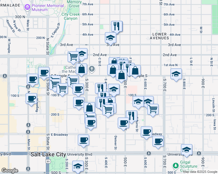 map of restaurants, bars, coffee shops, grocery stores, and more near 420 East South Temple in Salt Lake City
