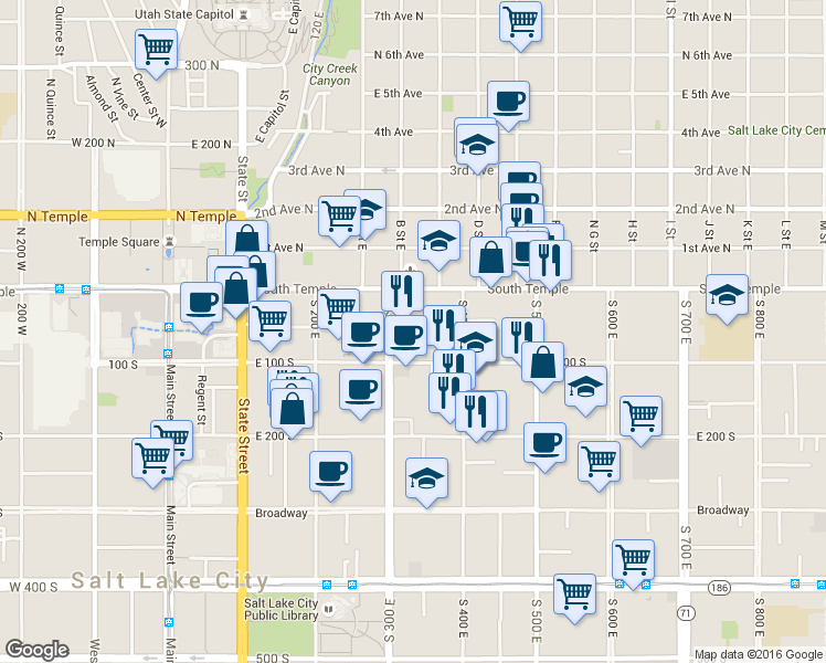 map of restaurants, bars, coffee shops, grocery stores, and more near 25 South 300 East in Salt Lake City