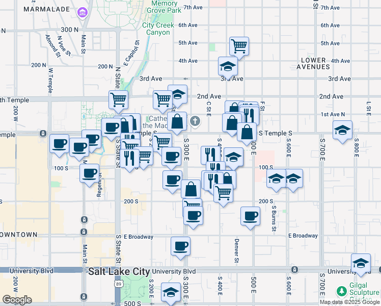 map of restaurants, bars, coffee shops, grocery stores, and more near 25 South 300 East in Salt Lake City