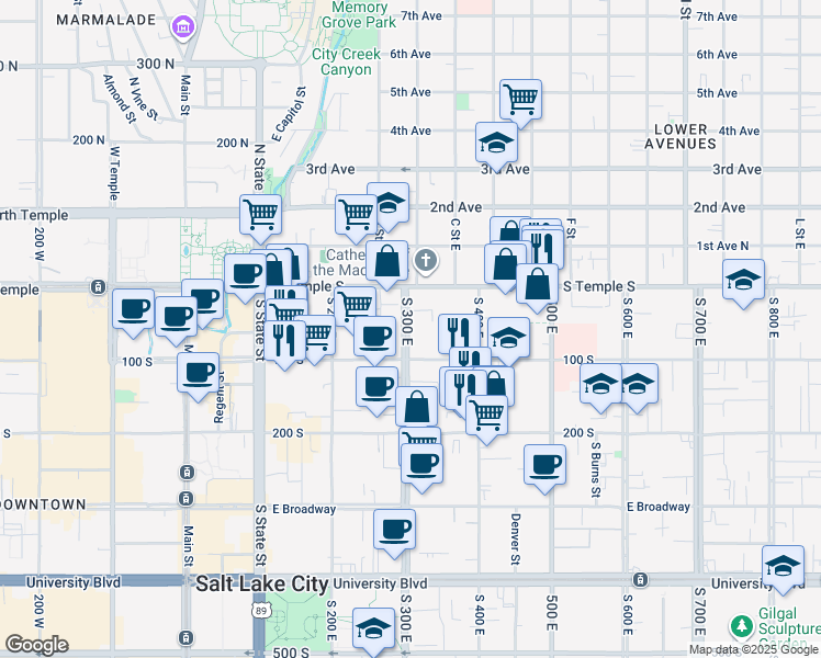 map of restaurants, bars, coffee shops, grocery stores, and more near 25 South 300 East in Salt Lake City